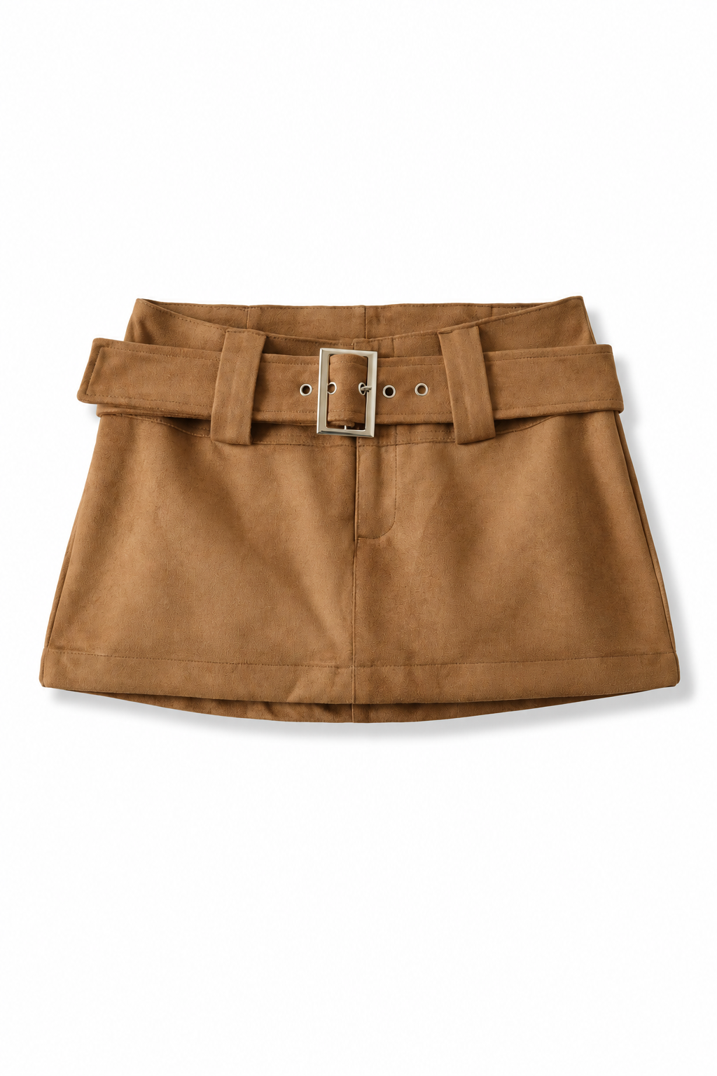 Bellinna Wide-Belt Suede-Look Mini Skirt, Camel, front product view