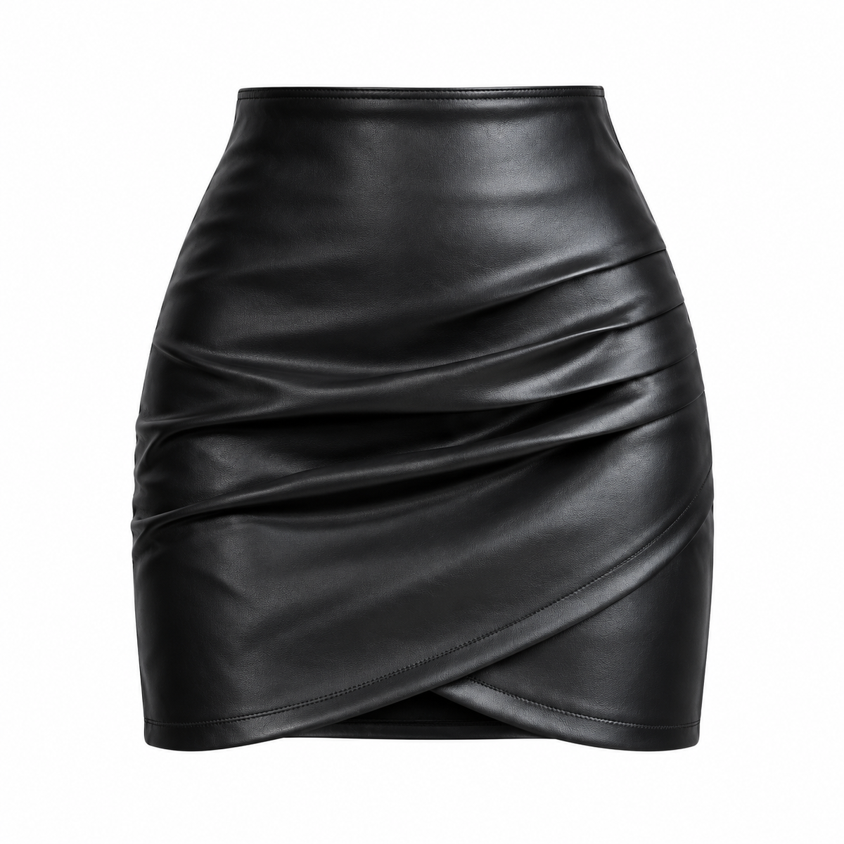 Black Leather-Look Wrap Mini Skirt — front view
