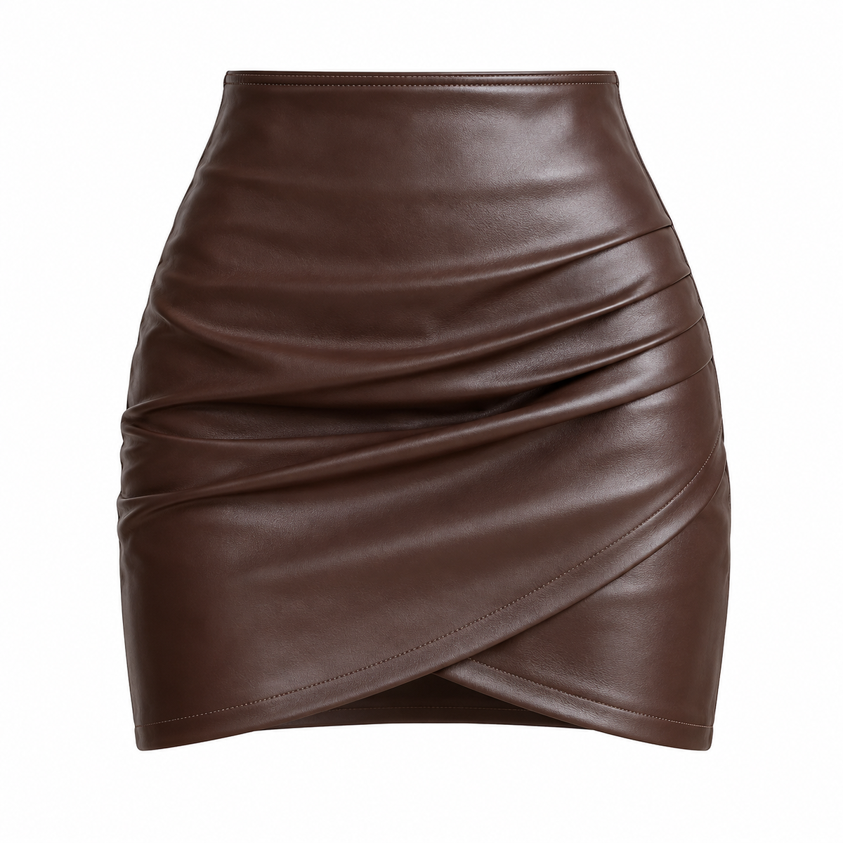 Brown Leather-Look Wrap Mini Skirt — front view