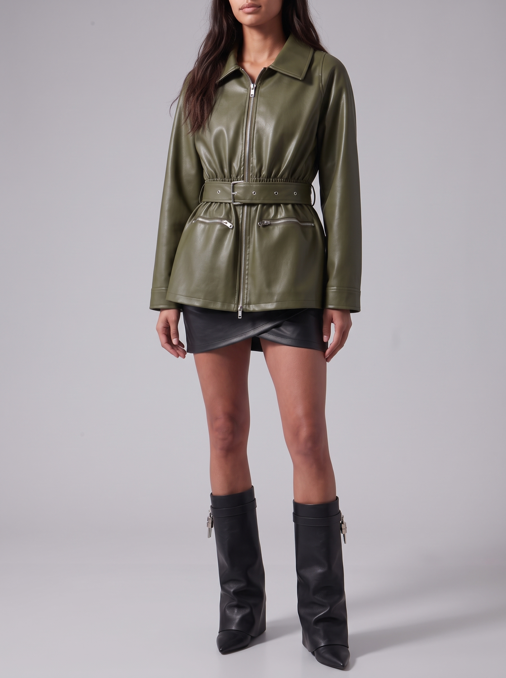 Olive Belted Faux-Leather Utility Jacket — styled model view