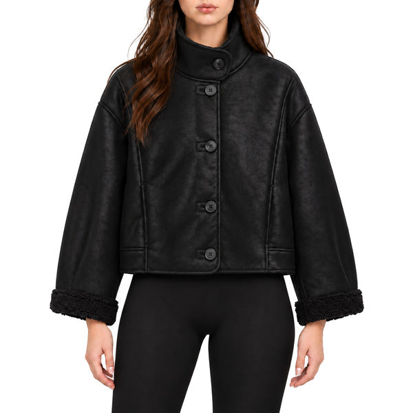 Shearling-Trim Button Jacket - model fully buttoned