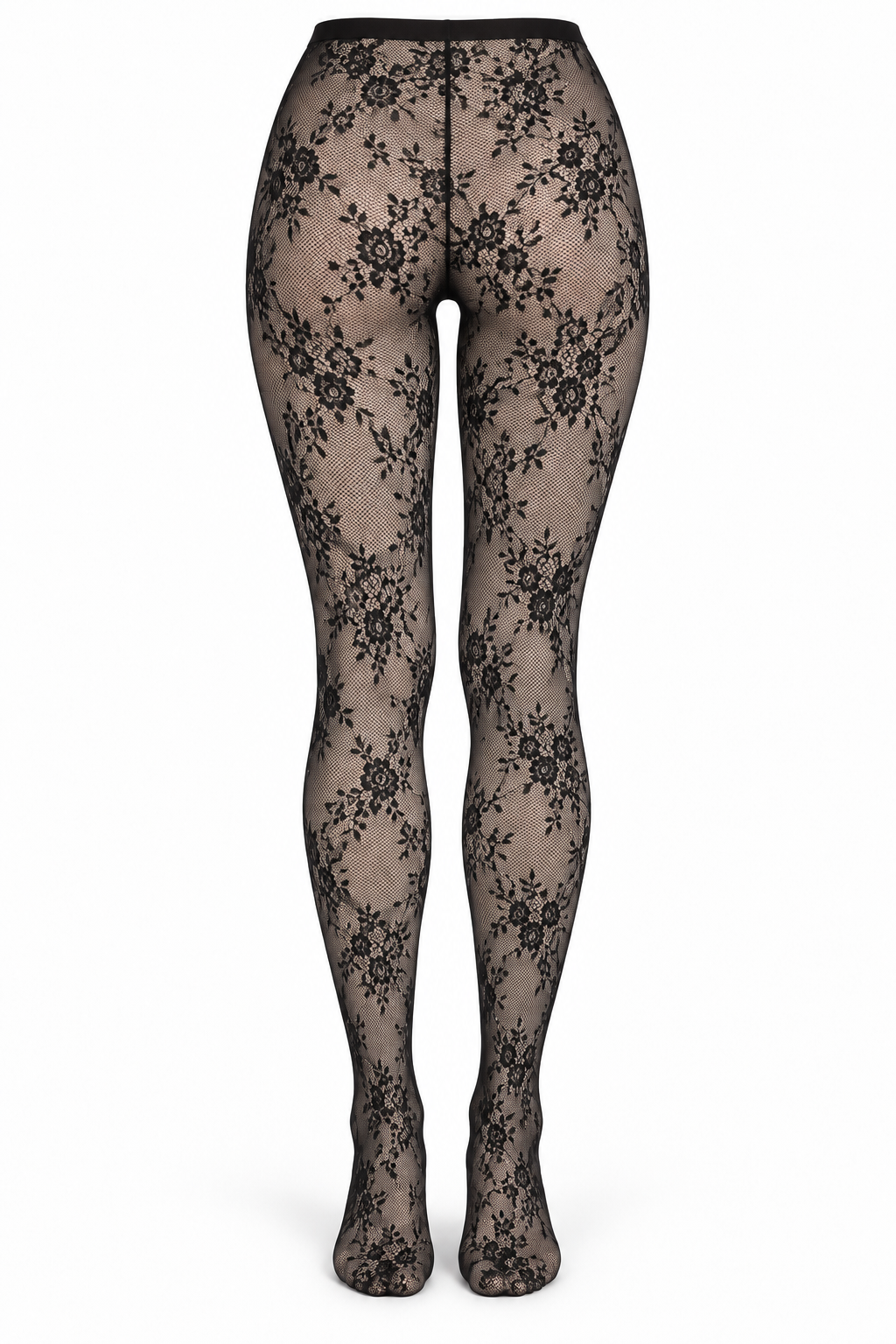 Black Floral Bouquet Lace Tights — back view