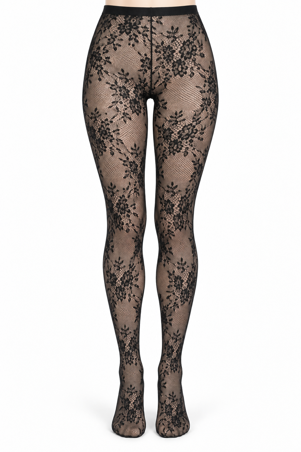 Black Floral Bouquet Lace Tights — front view