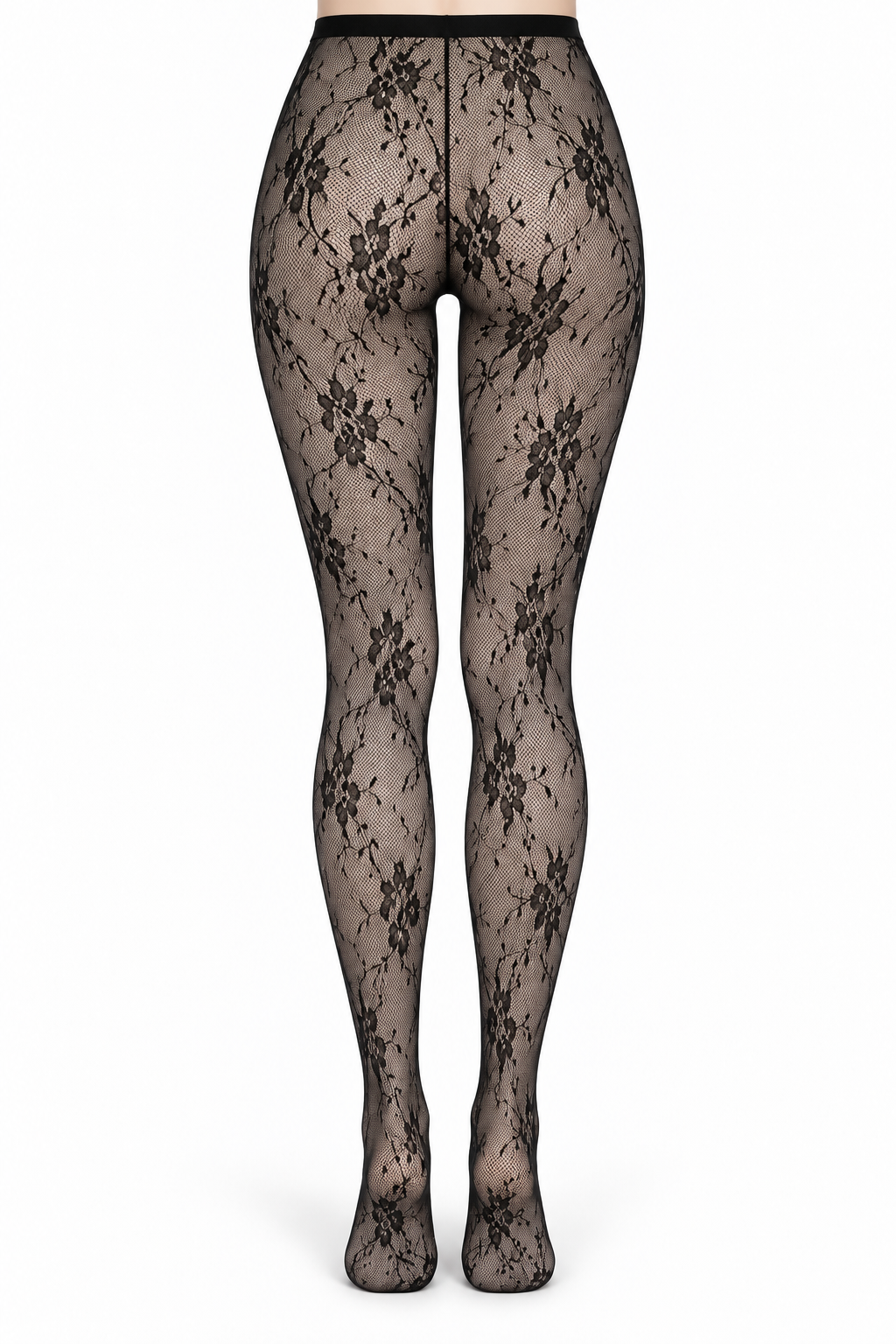 Black Floral Vine Lace Tights — back view