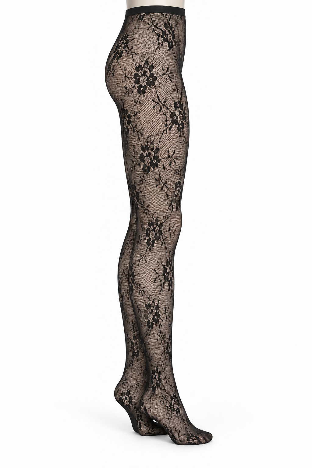 Black Floral Vine Lace Tights — side view