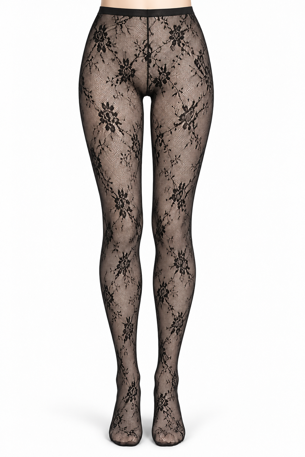 Black Floral Vine Lace Tights — front view
