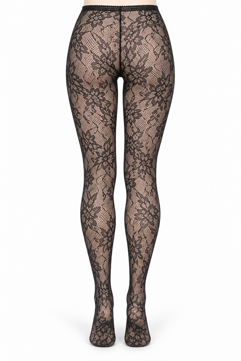 Black Geometric Floral Lace Tights — back view
