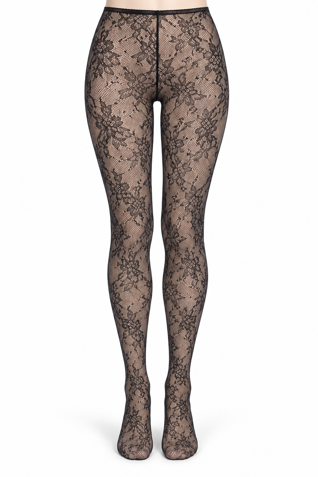 Black Geometric Floral Lace Tights — front view