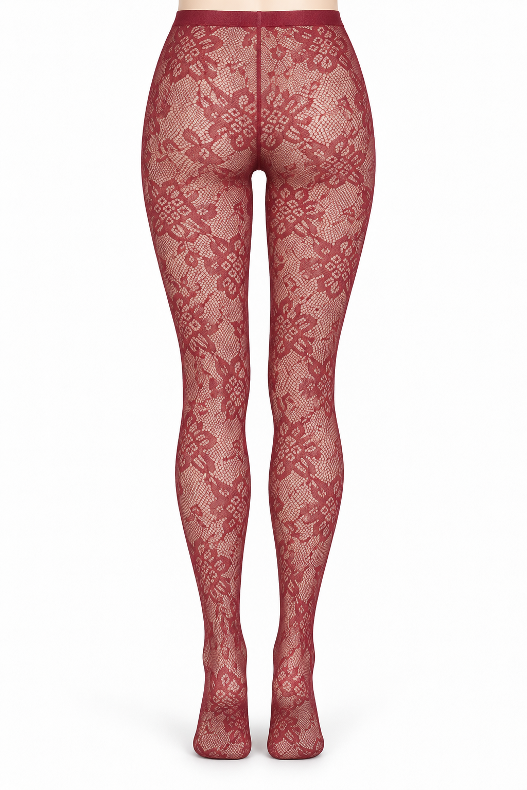 Burgundy Geometric Floral Lace Tights — back view