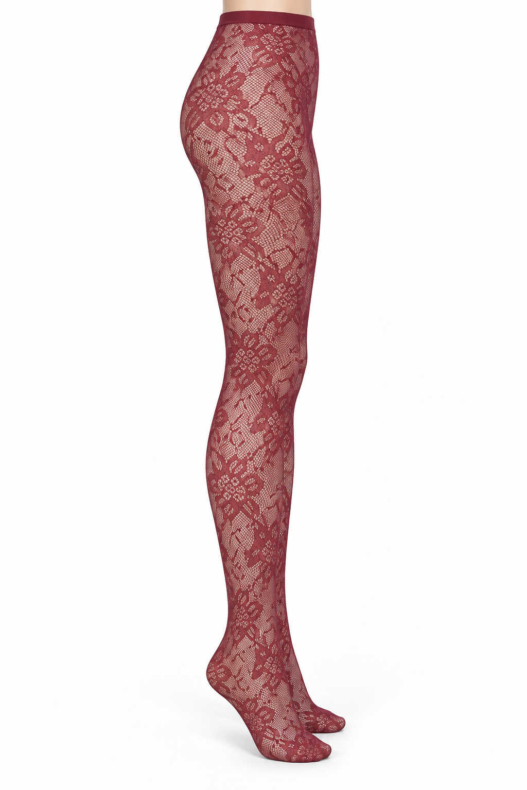 Burgundy Geometric Floral Lace Tights — side view