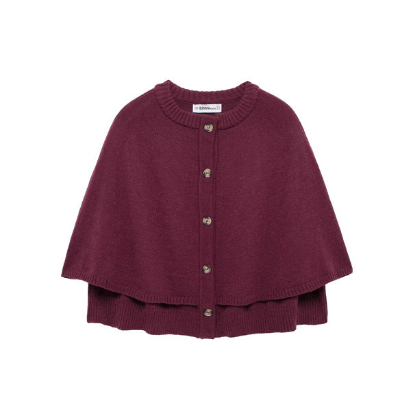 Burgundy Button-Front Layered Knit Cape Cardigan — front view