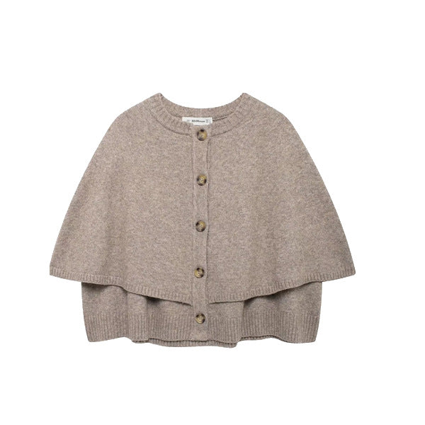 Taupe Button-Front Layered Knit Cape Cardigan — front view