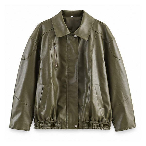 Concealed-Zip Faux-Leather Bomber - front