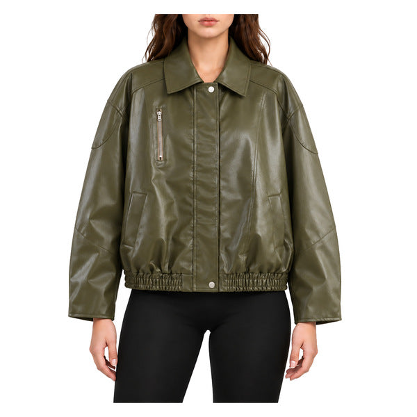 Concealed-Zip Faux-Leather Bomber - model fully zipped