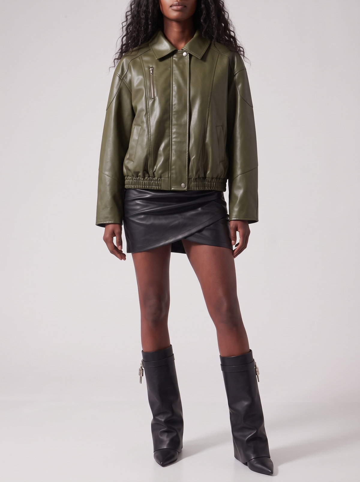 Olive Concealed-Zip Faux-Leather Bomber — styled model view