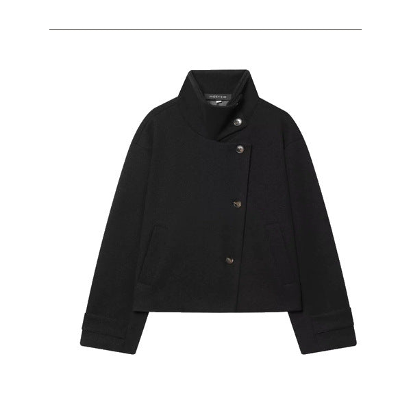 Cropped High-Collar Wool-Look Jacket - Black - front