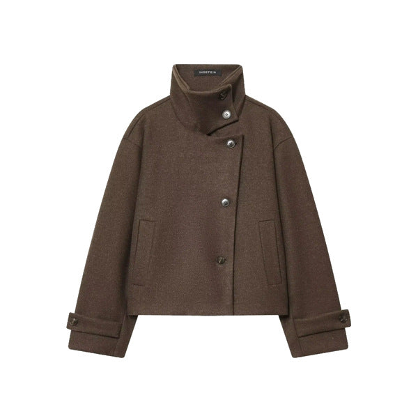 Brown Cropped High-Collar Wool-Look Jacket — front view