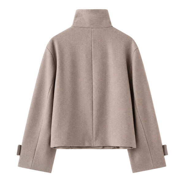 Cropped High-Collar Wool-Look Jacket - Taupe - back