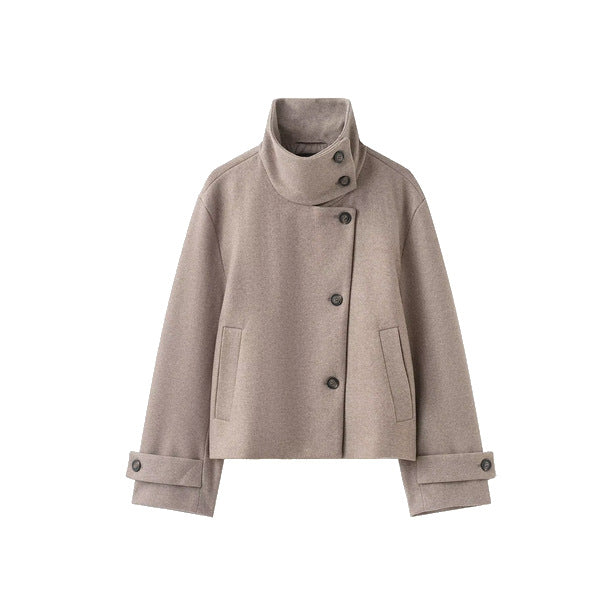 Taupe Cropped High-Collar Wool-Look Jacket — front view