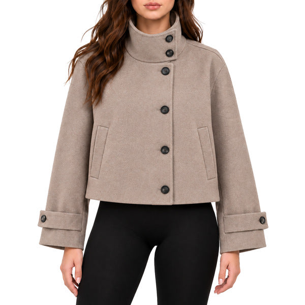 Cropped High-Collar Wool-Look Jacket - Taupe - Model fully buttoned