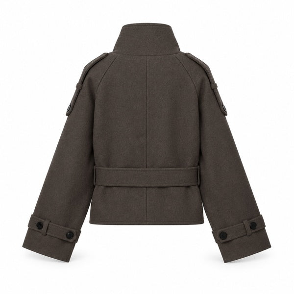 Dark taupe cropped belted high-collar jacket back