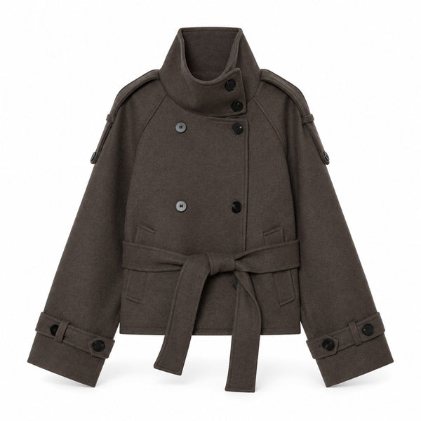 Dark taupe cropped belted high-collar jacket front