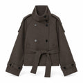 Dark taupe cropped belted high-collar jacket front