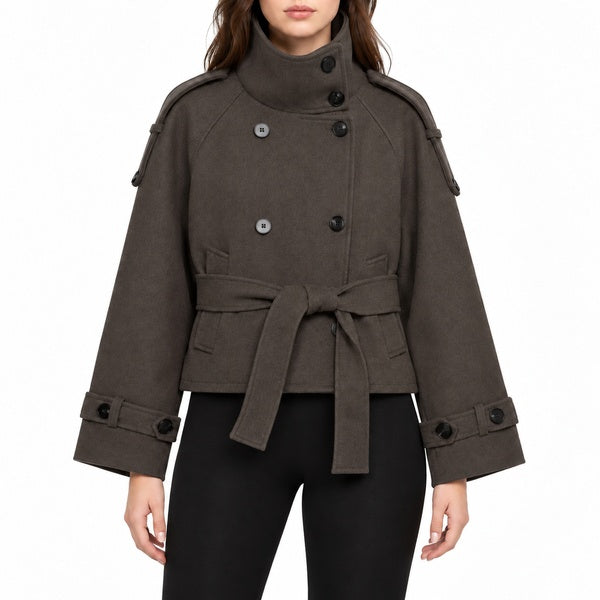 Model wearing dark taupe cropped belted high-collar jacket