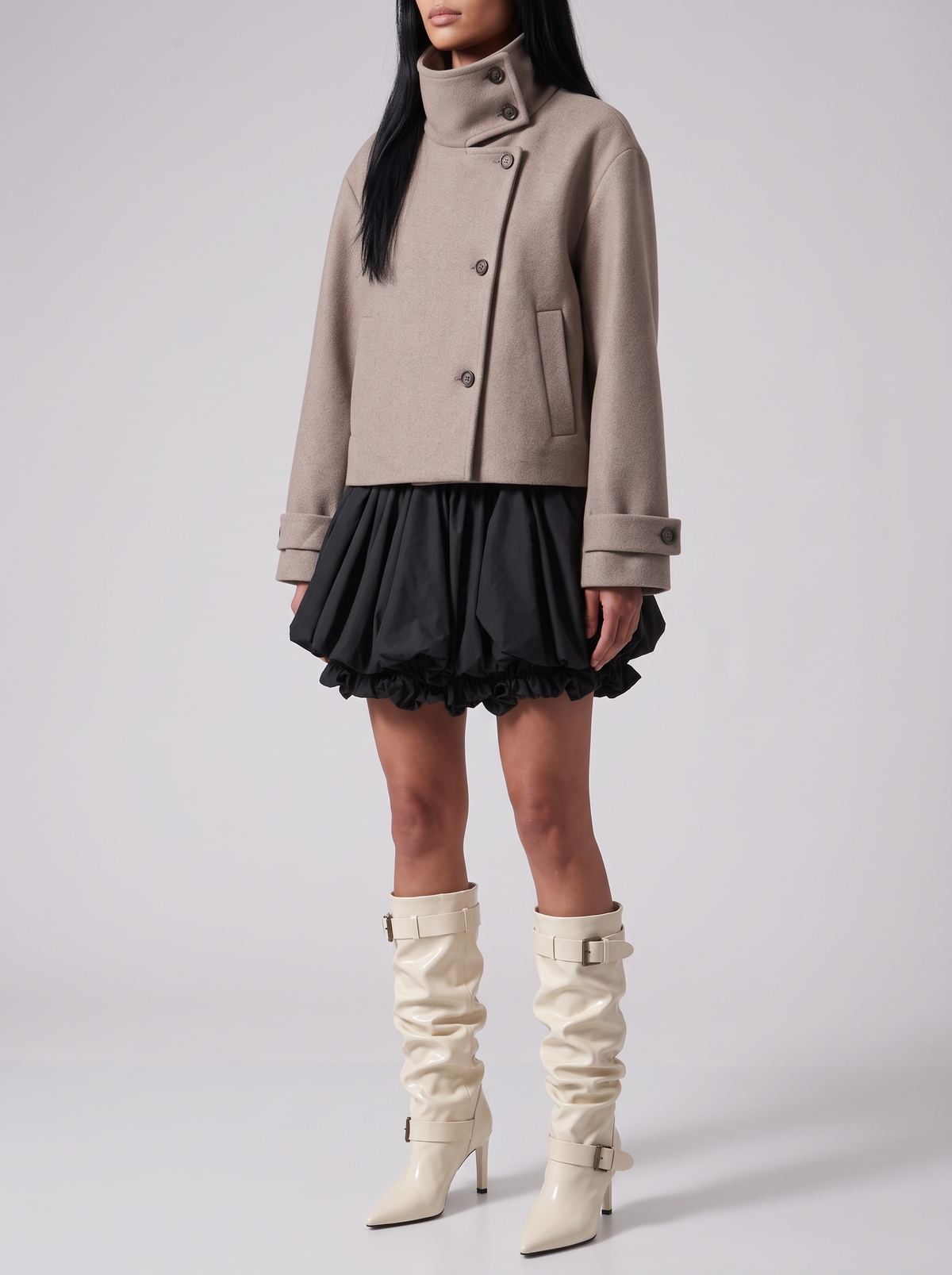 Ivory Double-Buckle Slouch Boots — styled model view