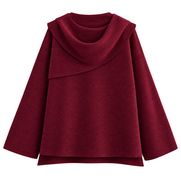 Burgundy Draped Scarf-Collar Knit Top — front view