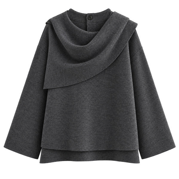 Draped Scarf-Collar Knit Top - Charcoal - back