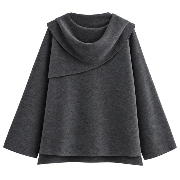 Draped Scarf-Collar Knit Top - Charcoal - front