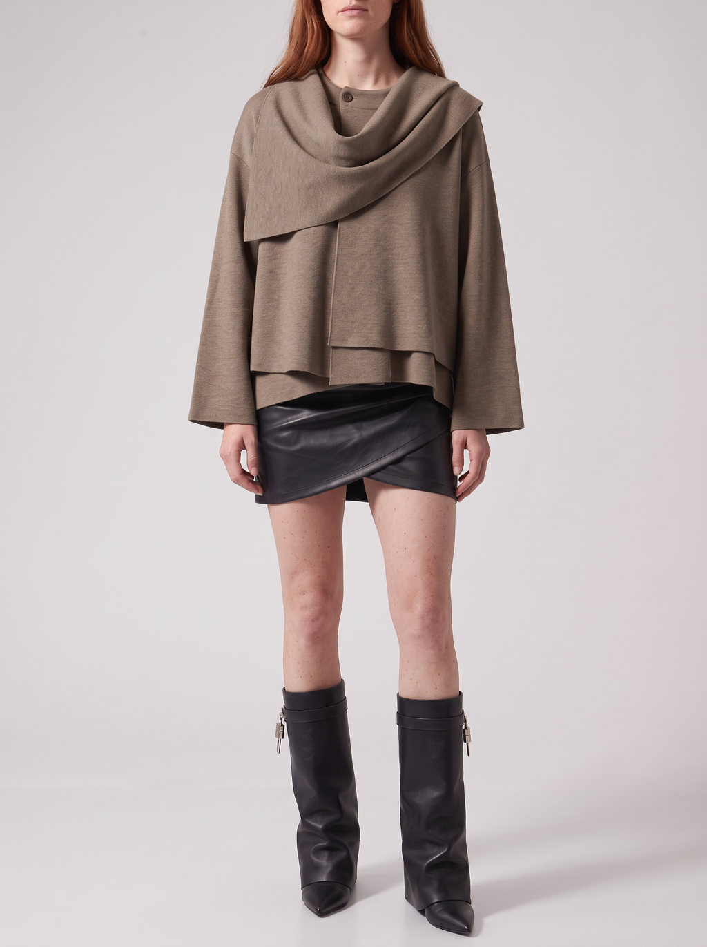 Taupe Draped Scarf-Collar Knit Top — styled model view