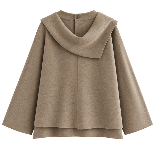 Draped Scarf-Collar Knit Top - Taupe - back