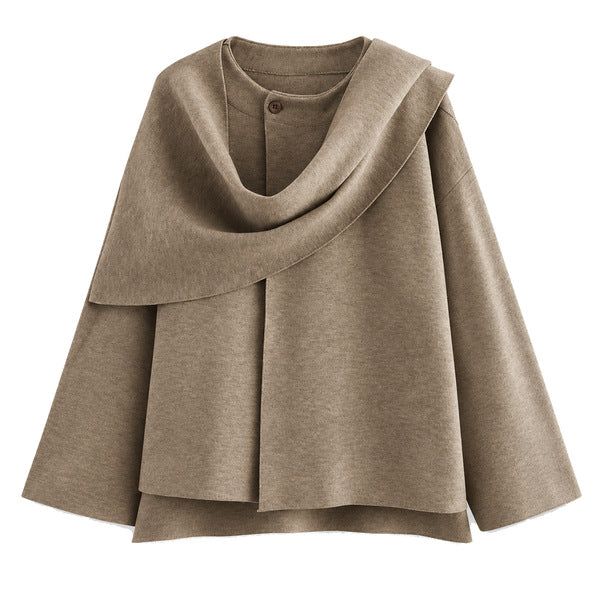 Draped Scarf-Collar Knit Top - Taupe - front