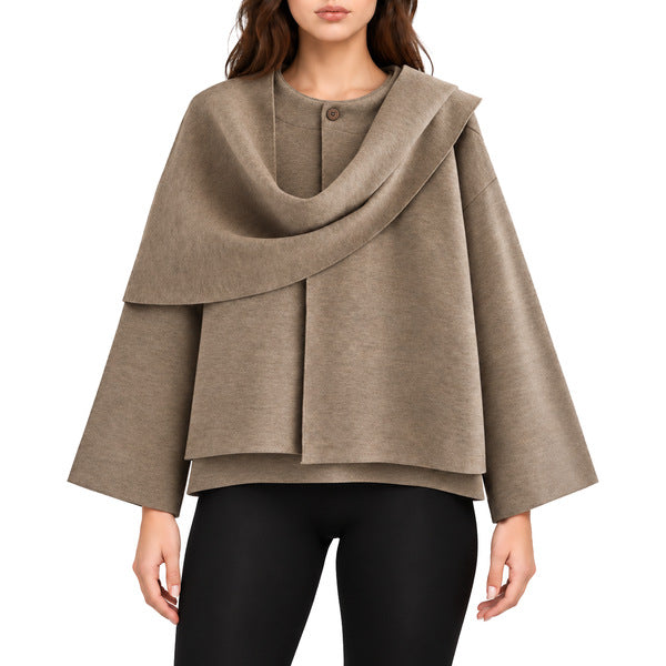 Draped Scarf-Collar Knit Top - Taupe - Model with functional back-neck button fastened