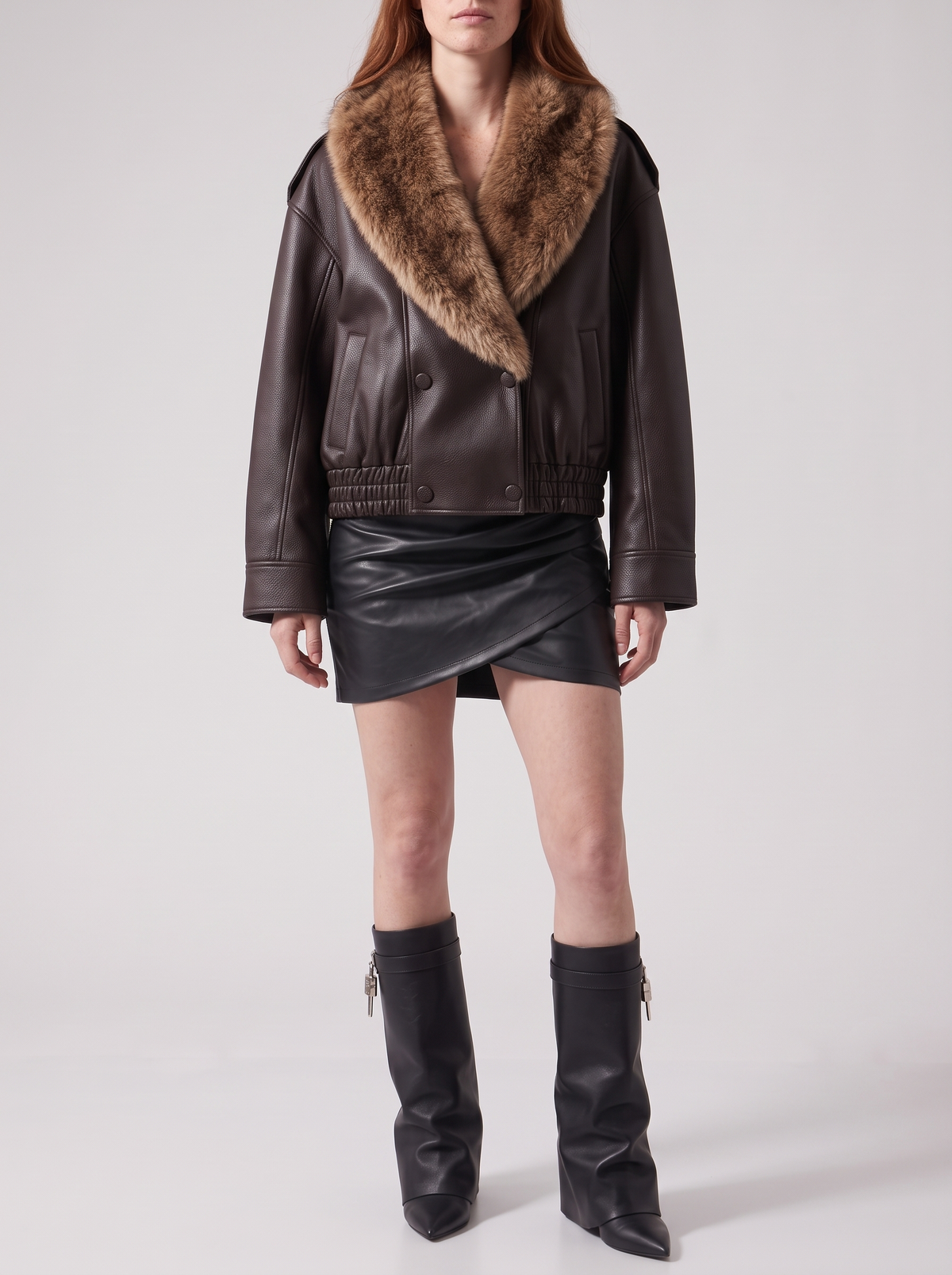 Burgundy Faux-Fur-Collar Faux-Leather Bomber — styled model view