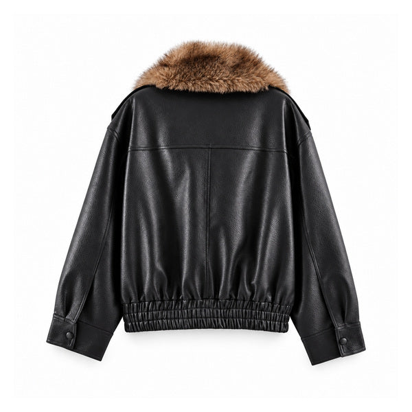 Black Faux-Fur-Collar Faux-Leather Bomber — back view
