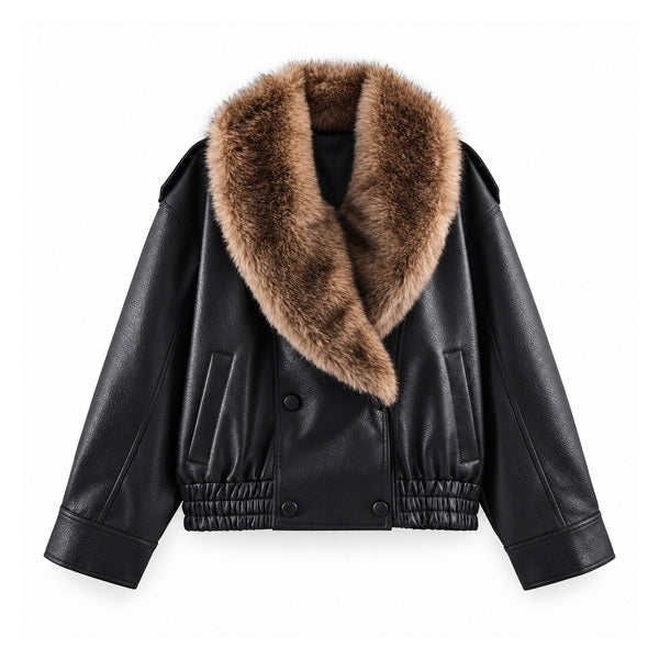 Black Faux-Fur-Collar Faux-Leather Bomber — front view
