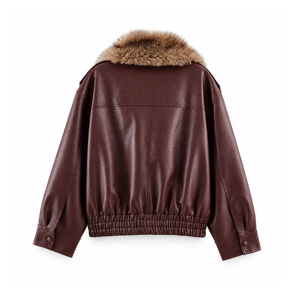 Burgundy Faux-Fur-Collar Faux-Leather Bomber — back view