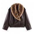 Burgundy Faux-Fur-Collar Faux-Leather Bomber — front view