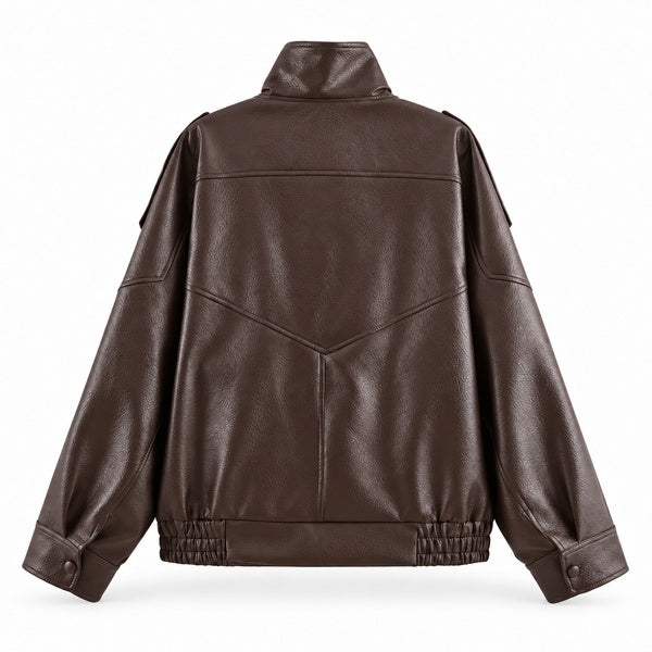 Brown High-Collar Faux-Leather Bomber Jacket — back view