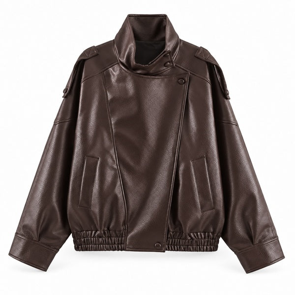 Brown High-Collar Faux-Leather Bomber Jacket — front view