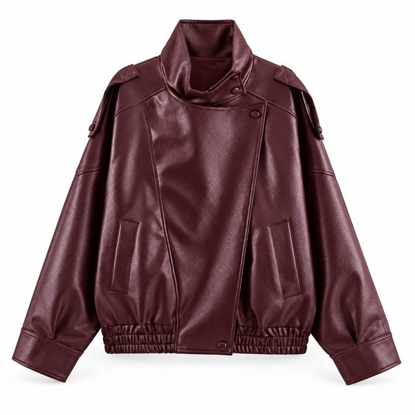Burgundy High-Collar Faux-Leather Bomber Jacket — front view
