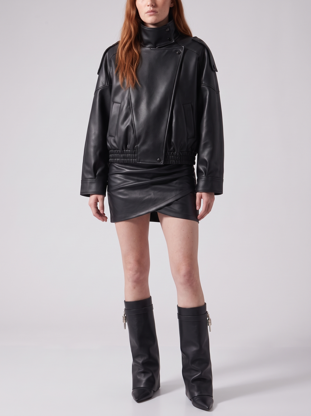 Black High-Collar Faux-Leather Bomber Jacket — styled model view