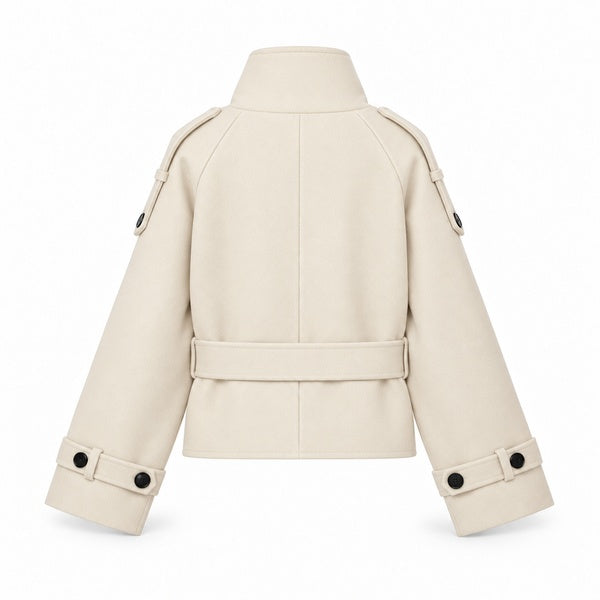 Ivory cropped belted high-collar jacket back