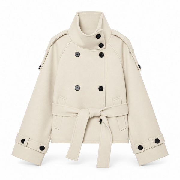 Ivory cropped belted high-collar jacket front
