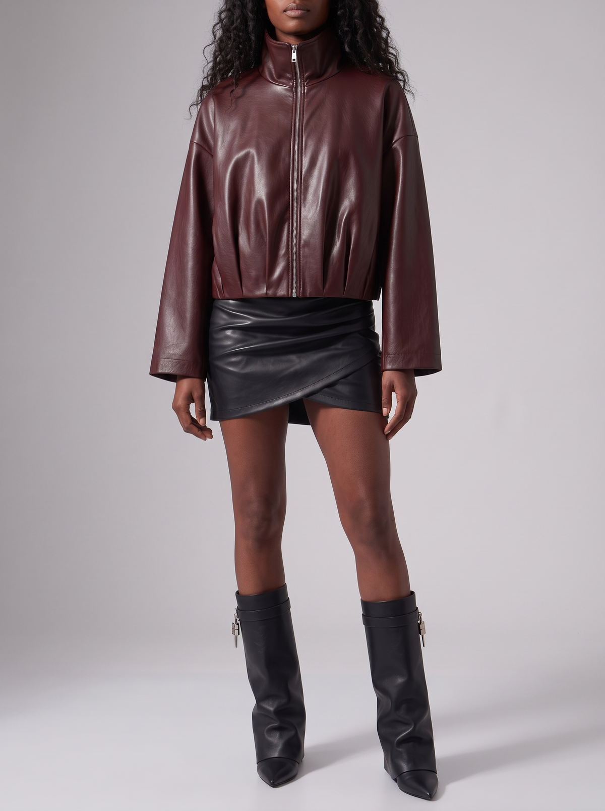 Burgundy Minimalist High-Collar Faux-Leather Zip Jacket — styled model view