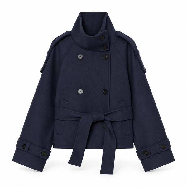 Navy Cropped Belted High-Collar Jacket — front view