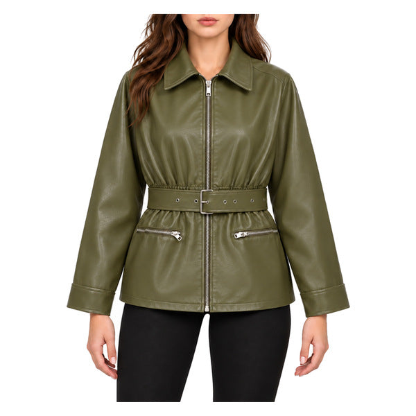 Belted Faux-Leather Utility Jacket - model fully zipped